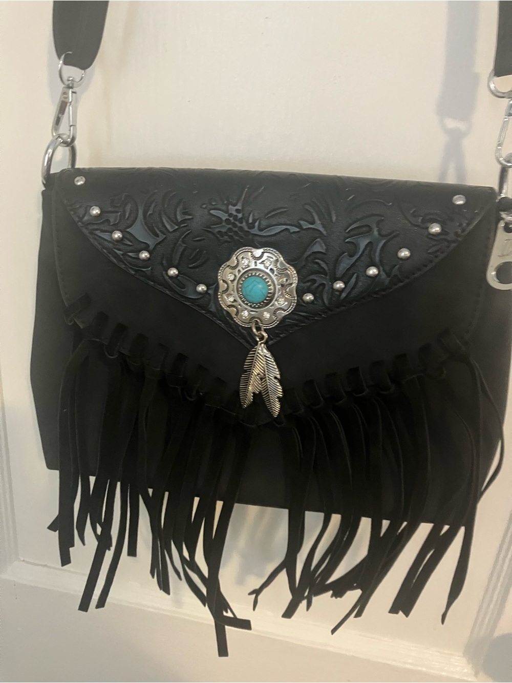 Black Fringe Crossbody Bag with Turquoise Concho Accent